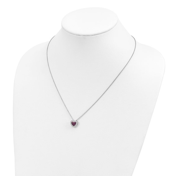 Brilliant Embers Sterling Silver Rhodium-plated 112 Stone 18 inch with 2 inch extender Lobster Clasp Micro Pavé Red and White CZ Heart Necklace with 2 Inch Extender